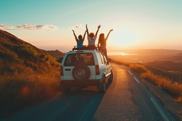 Three backpacking travelers, group of friends embarking on a spontaneous road trip