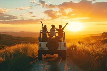 Three backpacking travelers, group of friends embarking on a spontaneous road trip