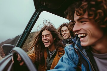 Three backpacking travelers, group of friends embarking on a spontaneous road trip