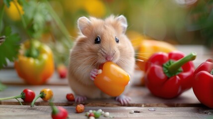 Cute hamster eating sweet pepper