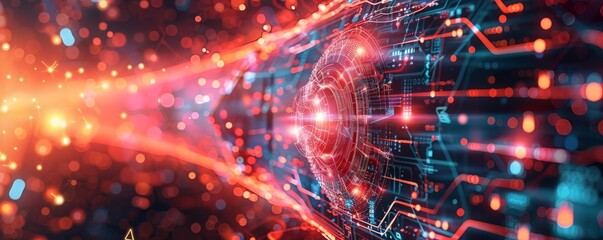 Fototapeta premium Entangled particles processed by futuristic digital cpu, flat design, side view, tech theme, water color, Triadic Color Scheme