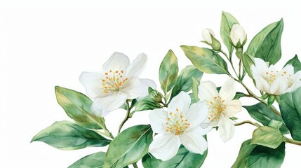 Delicate white blossoming flowers, handcrafted Watercolor Jasmine Bouquet in a random assortment on a white background