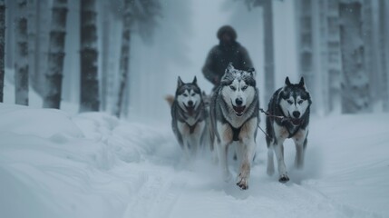 Portrait of Husky dogs in dog sledding in cold winter with snow