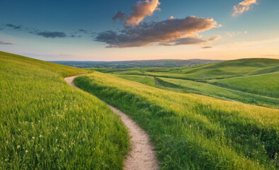 Fototapeta premium Picturesque Winding Path Through Green Grass Field in Hilly Area at Dawn Panoramic Spring-Summer Landscape