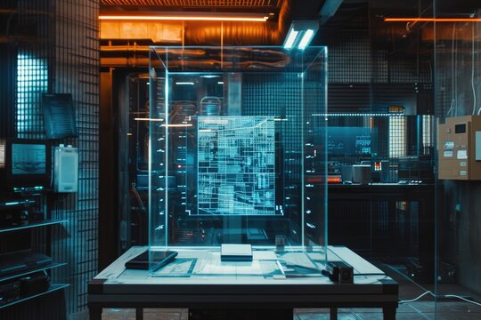 Futuristic blue-lit data center, high tech heist involving holographic security systems