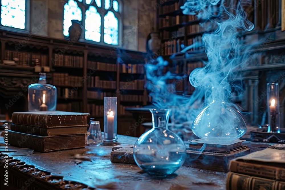Poster mystical swirling blue energy, magical academy where students learn to harness elemental powers