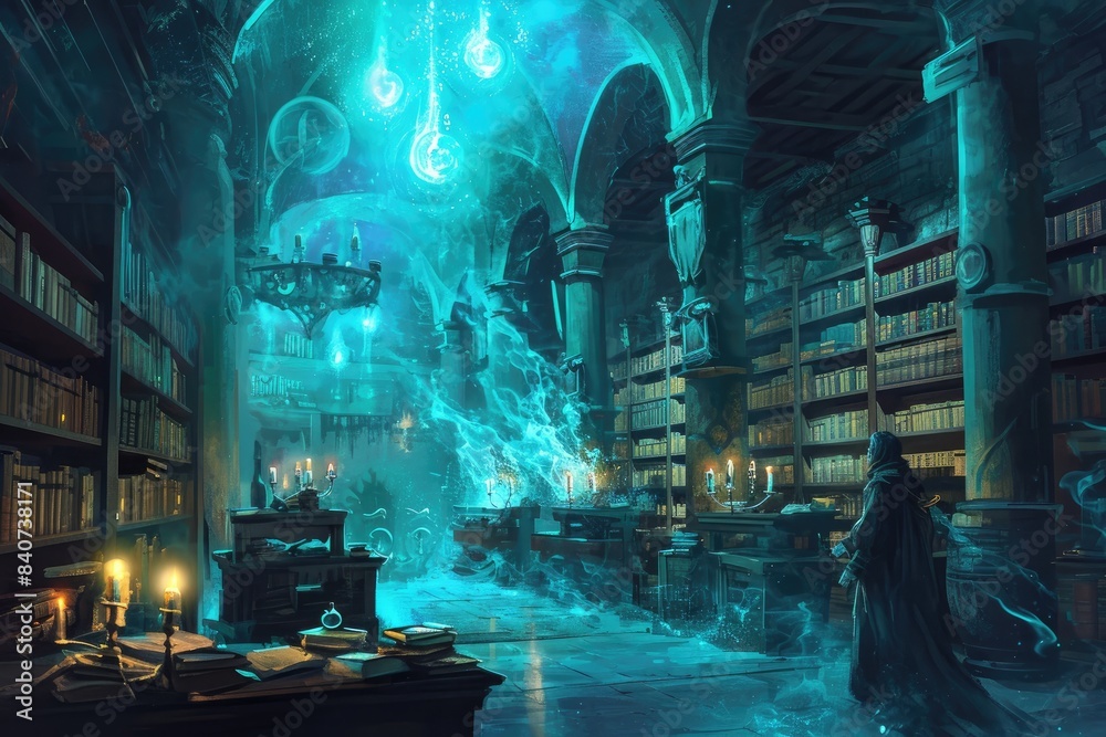 Poster mystical swirling blue energy, magical academy where students learn to harness elemental powers