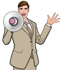 Business man screaming announce with megaphone In Retro Vintage Pop Art Comic Style