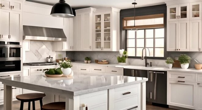 modern farmhouse kitchen interior with white cabinets and white marble countertops