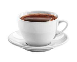 A steaming cup of black coffee in a white ceramic cup with a matching saucer, perfect for a morning boost.