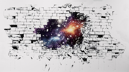  a vibrant and colorful nebula filled with stars and galaxies is seen through a crumbling, broken wall. The stark contrast between the dilapidated brickwork and the vivid cosmic scene creates a striki