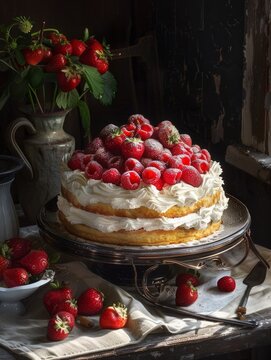 g&Atilde;&cent;teau aux fraises pos&Atilde;&copy; sur la table de la cuisine hyper realistic 
