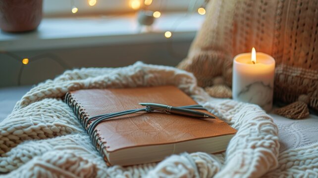 comforting routine of nighttime journaling in beautifully bound journal, a smooth-writing pen, and a cozy corner