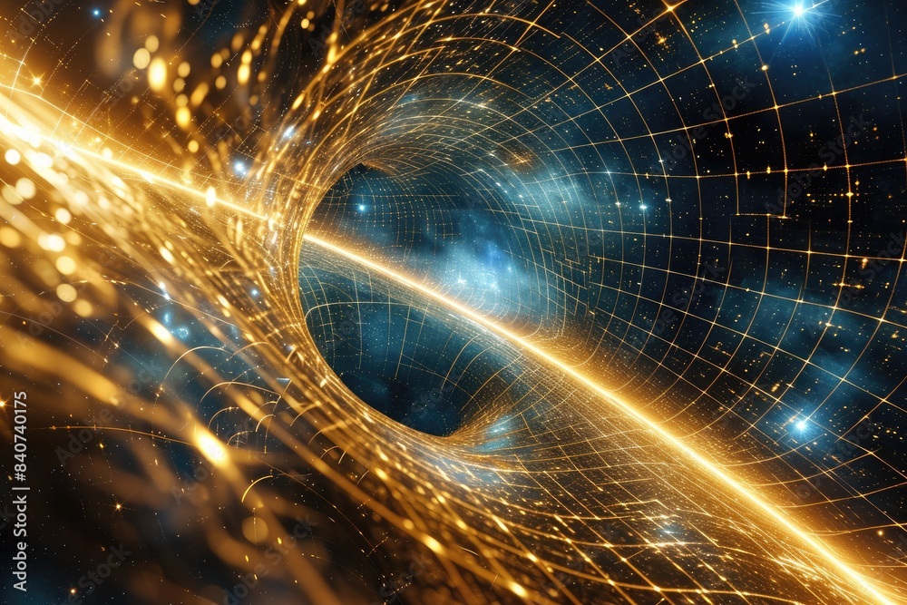 Poster Swirling galaxy on warped space grid, parallel dimension where gravity works in reverse