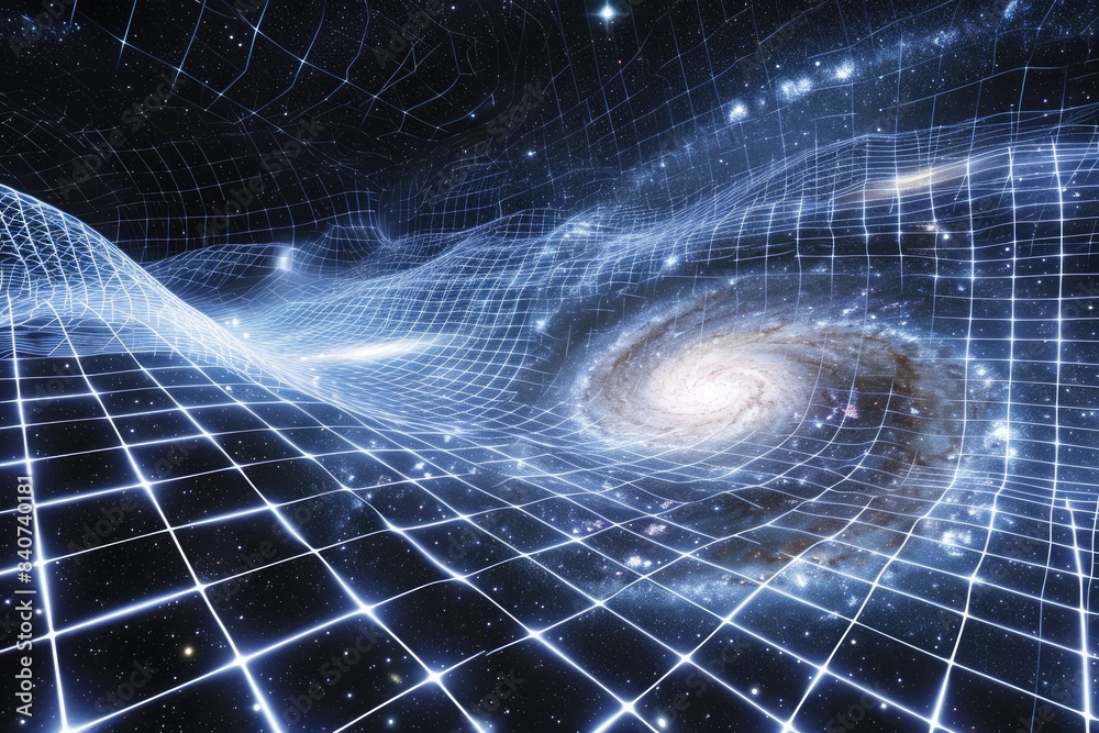 Poster Swirling galaxy on warped space grid, parallel dimension where gravity works in reverse
