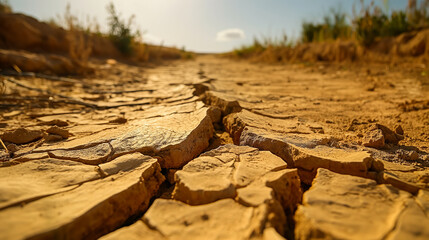 Obraz premium Closeup of a cracked and dry riverbed that used to irrigate grain fields, illustrating the grain crisis 