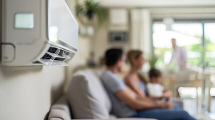 Closeup of a family relaxing in a living room with an air conditioner running, and an electricity meter showing high usage 