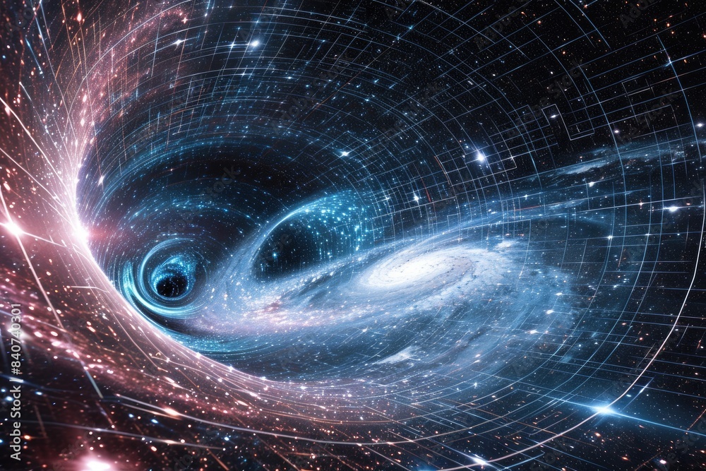 Fototapete Swirling galaxy on warped space grid, parallel dimension where gravity works in reverse