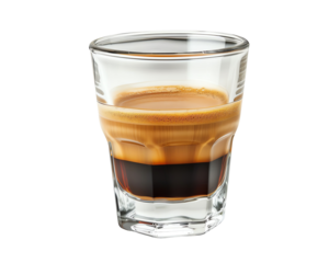Close-up of a freshly brewed espresso shot in a clear glass, showing its rich crema and dark coffee layers.