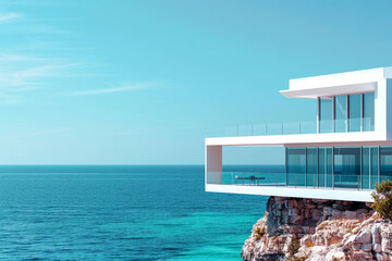 A beautiful glass villa or a luxurious house with a large terrace on the edge of a rock overlooking the sea or ocean

