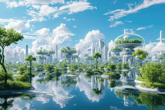Futuristic glass domes amidst lush greenery., Artistic representation of a utopian world with advanced eco friendly technologies