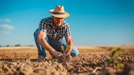 Low-angle shot of a farmer kneeling in a dry field, holding dead plants, under a cloudless sky 