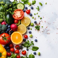 Colorful array of fresh vegetables and fruits on white background