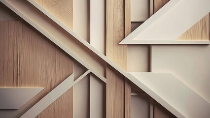 A modern creative background, with a cubist style, beige and white colors, wooden textures