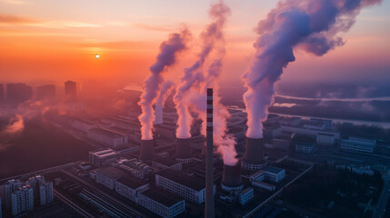 Overhead shot of a power plant working at full capacity with city buildings in the distance, indicating high electricity demand 