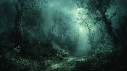 Obraz premium A dark forest with trees and a moon in the sky