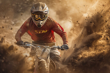 A man riding his dirt bike fast in the mud. An action shot, with dust and particles flying around...
