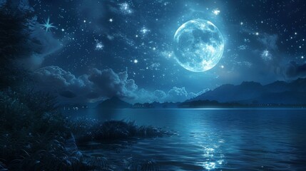 Fototapeta premium A serene lake at night with a bright moon reflecting on the water