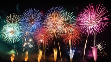 Vibrant, colorful fireworks display, stunning illustration of fireworks illuminating the black night sky with bursts of vibrant colors