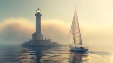 A vintage sailing ship with a lighthouse in sea at sunset