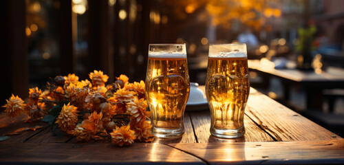 Two Beers on a Patio at Sunset. he glasses are filled with a golden-colored beverage and have a foamy head. In the foreground, there is a bouquet of yellow flowers.