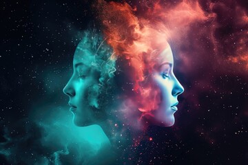 Cosmic silhouette faces, stardust, ethereal glow, telepathic connection between two individuals in different worlds