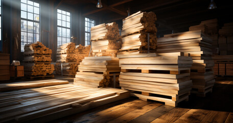 Stacks of Wood in Industrial Warehouse. A warehouse interior filled with stacks of wood planks, illuminated by natural light from large windows.