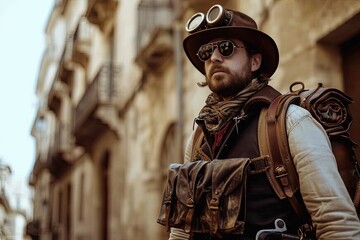 Explorer with compass backpack before map, time traveling adventurer exploring different eras of history