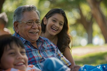 Happy grandfather with grandchildren enjoying a day at the park