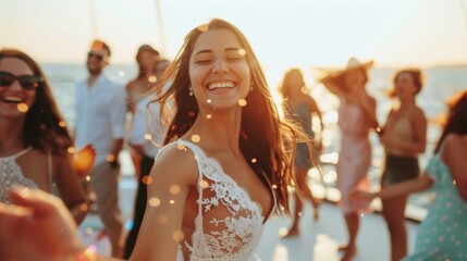 People have a party at deck of a luxury yacht in sea.
