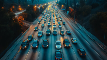 Wide-angle shot of a highway with cars stuck in traffic, representing a travel delay 