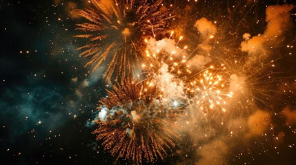 Vibrant, explosive fireworks display, Atmospheric fireworks photography capturing the interaction between the vibrant explosions and surrounding clouds