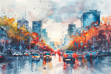Watercolor painting of a cityscape with heavy traffic on the road.