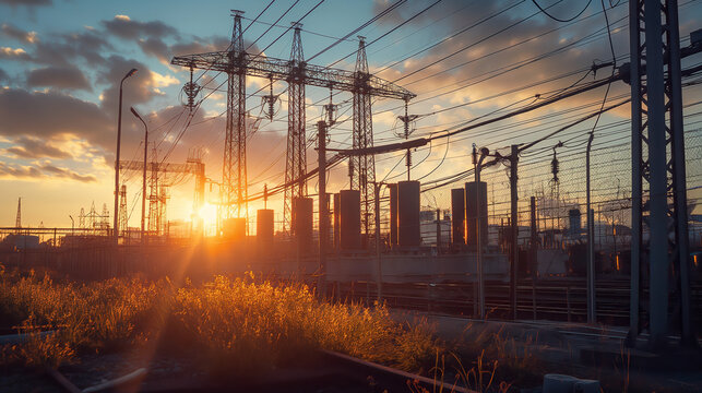 Wide-angle shot of an outdoor power transformer station working at full capacity during peak summer heat 