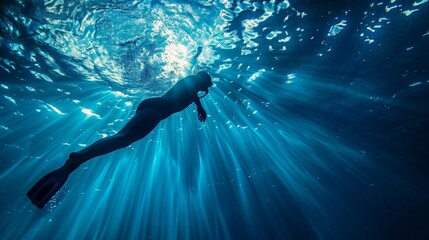 A diver diving swimming in deep sea