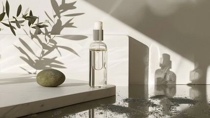 Sleek Squalane Oil Bottle with Minimalist Aesthetic and Reflective Surface Showcasing Purity and