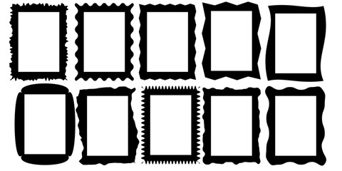 Squiggle stories frames set. Jaggered edges, retro scallop frames, psychedelic rectangles, photo frames, groovy shapes set 
