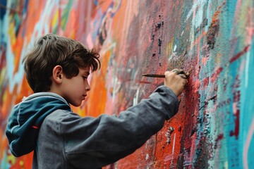 Focused young artist painting wall, young artist finding inspiration in an unexpected place