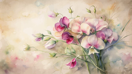 Vintage sweet peas flower watercolor background