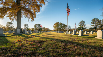 Wide-angle view of a military cemetery with rows of white tombstones and small American flags on each grave under a clear blue sky  - Powered by Adobe